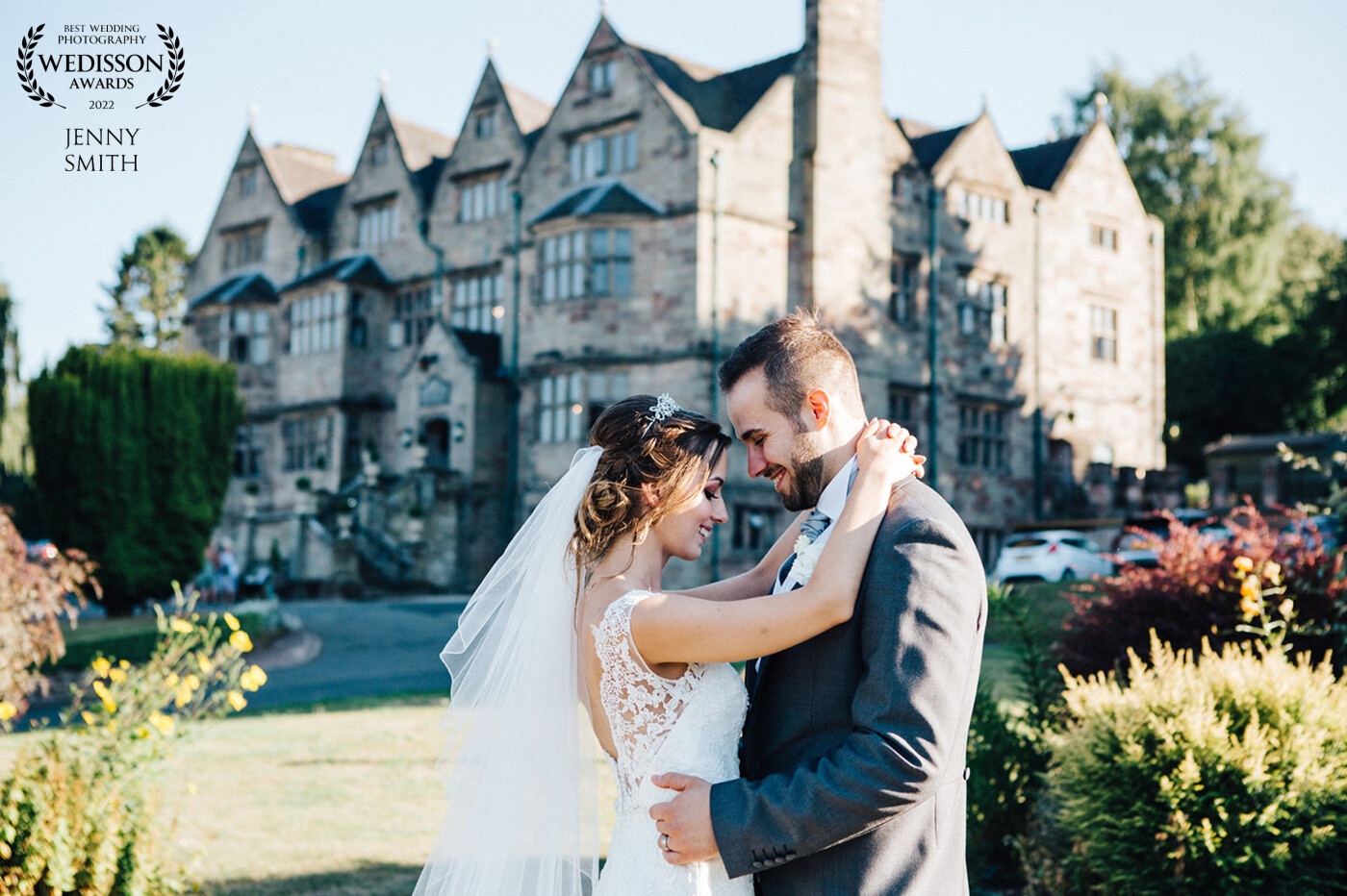 This lovely portrait of the couple was taken during golden hour at Weston Hall in Staffordshire. We took a walk around the grounds to catch the light and get the stunning venue in the background.