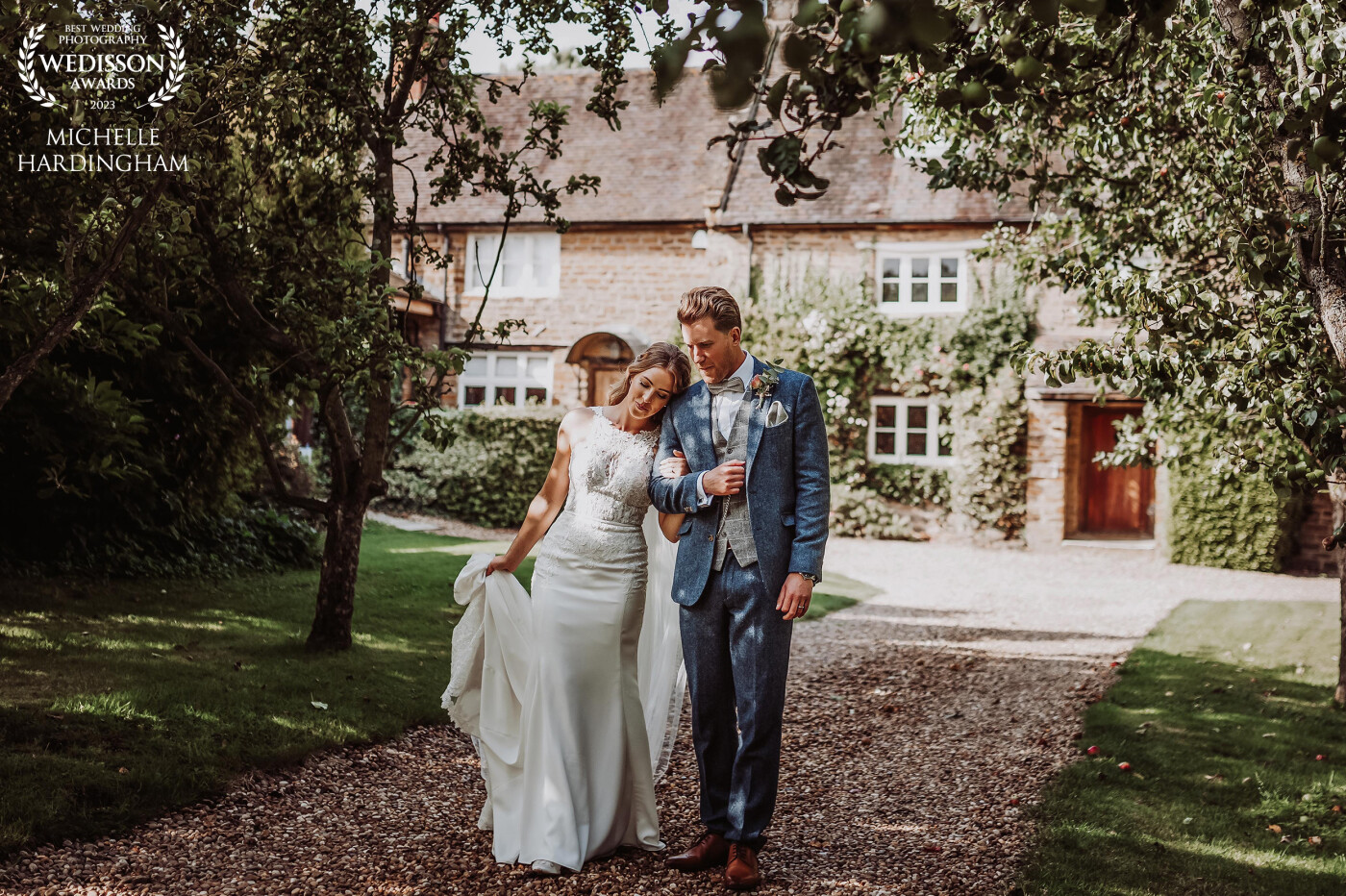 The cute cottage and beautiful trees leading down the path at Dodmoor House are the perfect backdrop for some shots on your wedding day. Rachael and Tom having a moment.