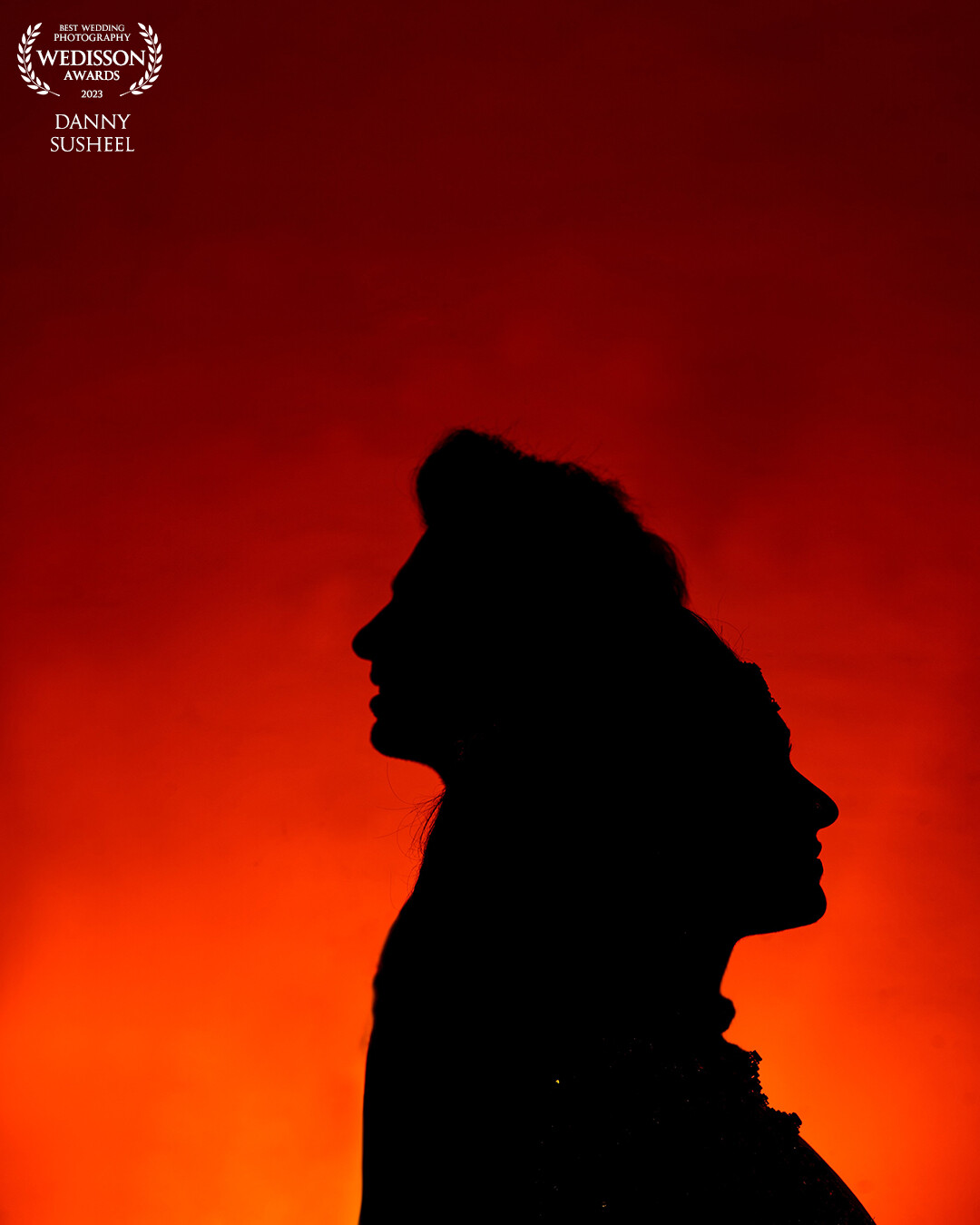 Silhouettes against a striking red backdrop, their glances speak volumes as they gaze into separate horizons.