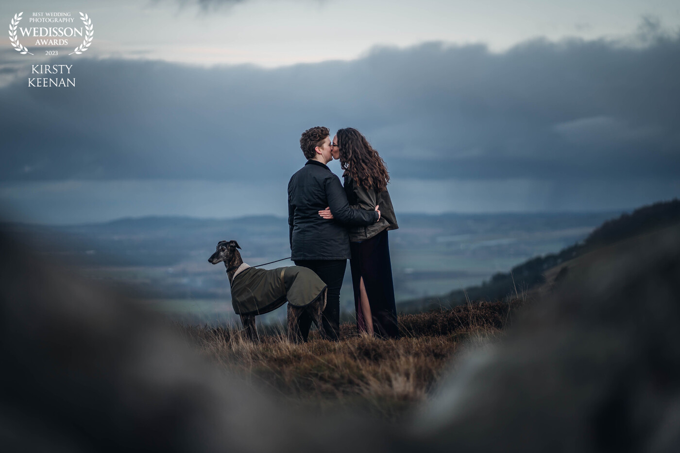 This was an engagement shoot up in the lomond Hills in Scotland. We had every sky possible that day from moody and grey to a stunning golden hour. It was such a special shoot as their 2 dogs got to come along too.