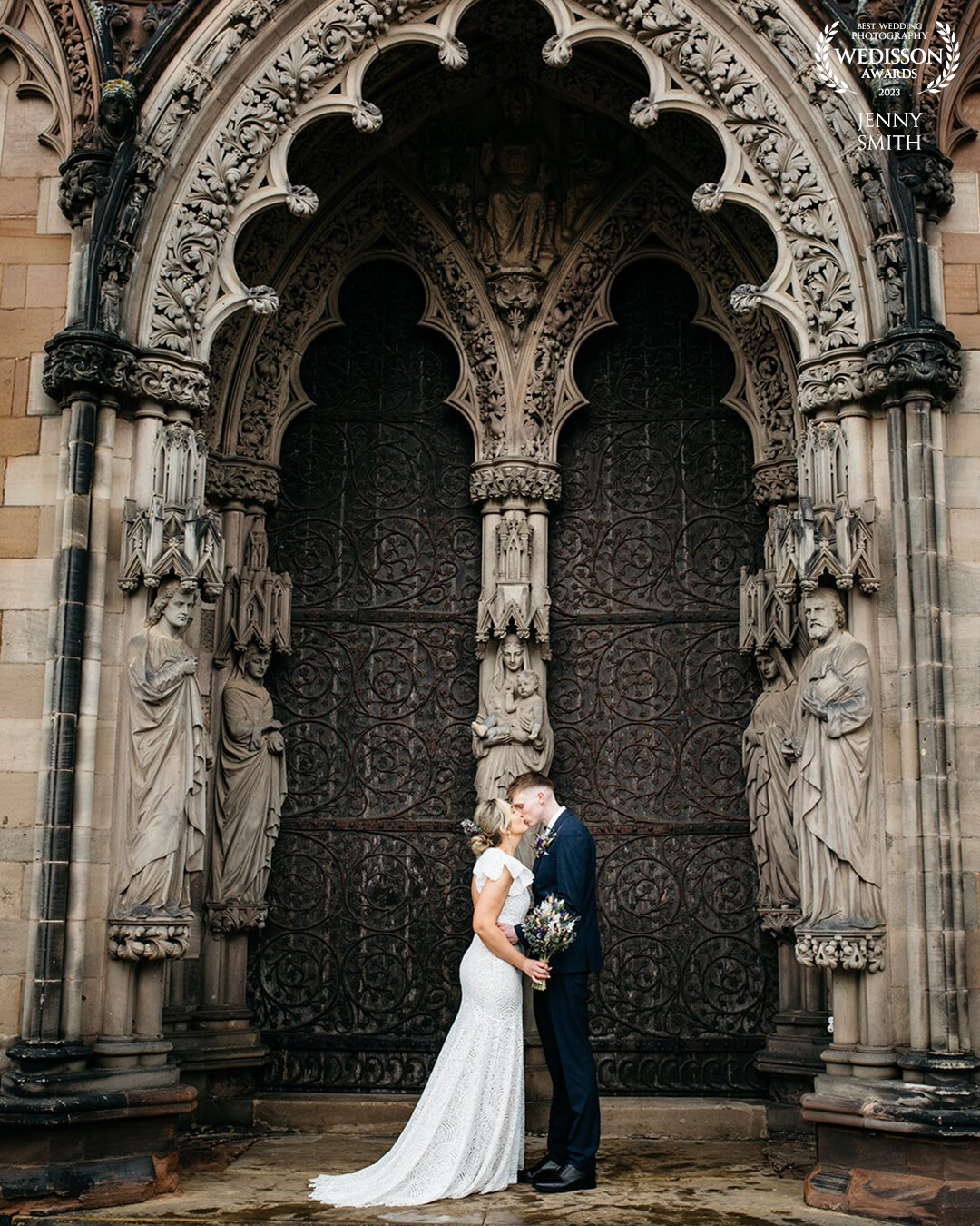 We shot this dramatic portrait of Keeley & Rory on their wedding day in Lichfield - we chose this doorway not only for its magnificent intricate details but also to give the couple shelter from the rain. A kind passer by held an umbrella over my head whilst I shot.