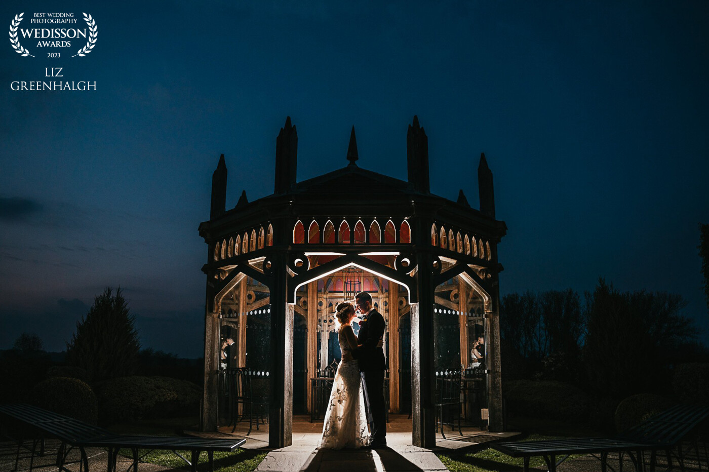 The Pavilion at The Old Hall Ely is iconic for holding ceremonies outside. Danielle and Paul had an indoor ceremony but we got to use the outside location as the sun was setting.  I love seeing the reflections in the glass on both sides