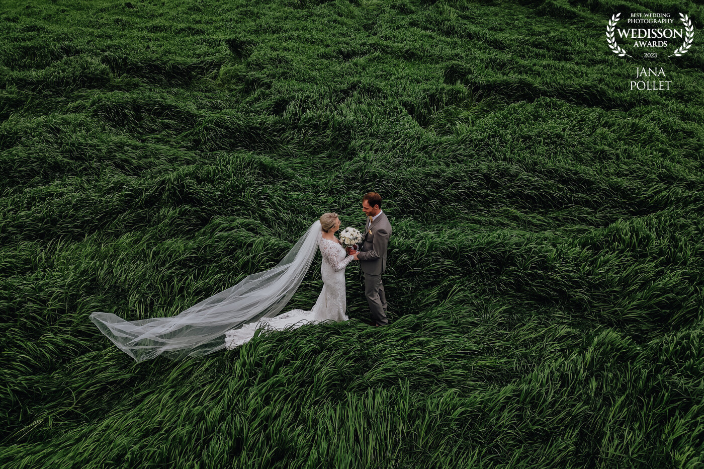 To me this photo feels like a painting, the wind in the grass creates movement, her veil is beautiful. What a beautiful romantic moment