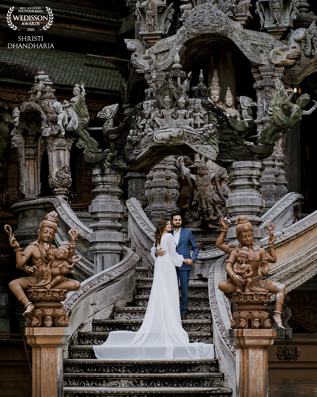 In the enchanting embrace of Thailand's Sanctuary of Truth, a symphony of moments unfolded for Devika and Ketan, etching their love story into the very essence of this awe-inspiring place. With each step they took on the intricate wooden floors, it was as if the sanctuary itself bore witness to their journey, a journey woven with threads of laughter, shared glances, and whispered promises.