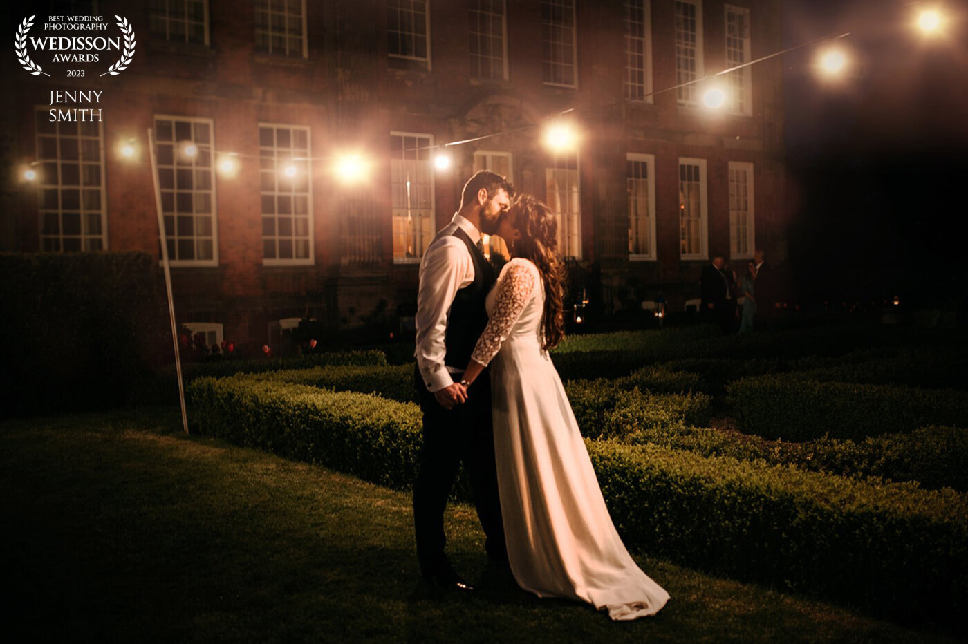 Marguerite and Rory got married at Rory’s childhood home of Cound Hall in Shropshire. The gardens were lit with fairy lights on the evening and we got this gorgeous photo of the couple in the ambient light.