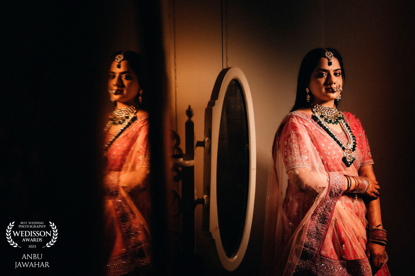Portrait of Amrutha, Shot just before the Baraath / Jaymala ceremony in Bangalore, Karnataka, India. Shot with a single light source and she was posing elegantly.
