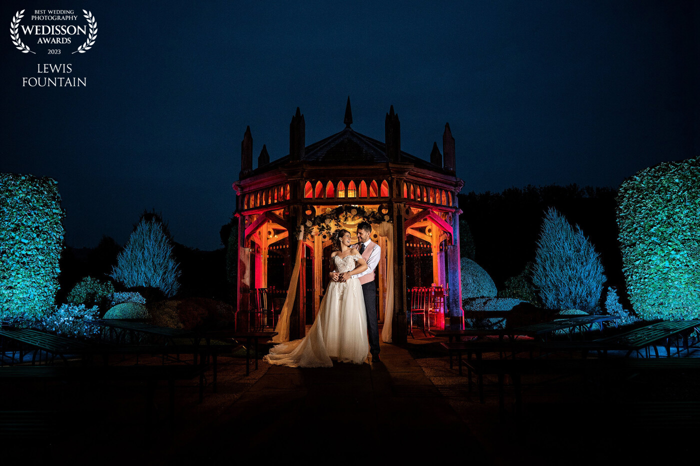When you don’t get a sunset, and can see the bride & groom are disappointed, fear not we’ll create a shot that they’ll love ❤️ <br />
The Old Halls pavilion is used a lot by photographers, but not many use a 5 light set up to give you the drama, something different from the norm!