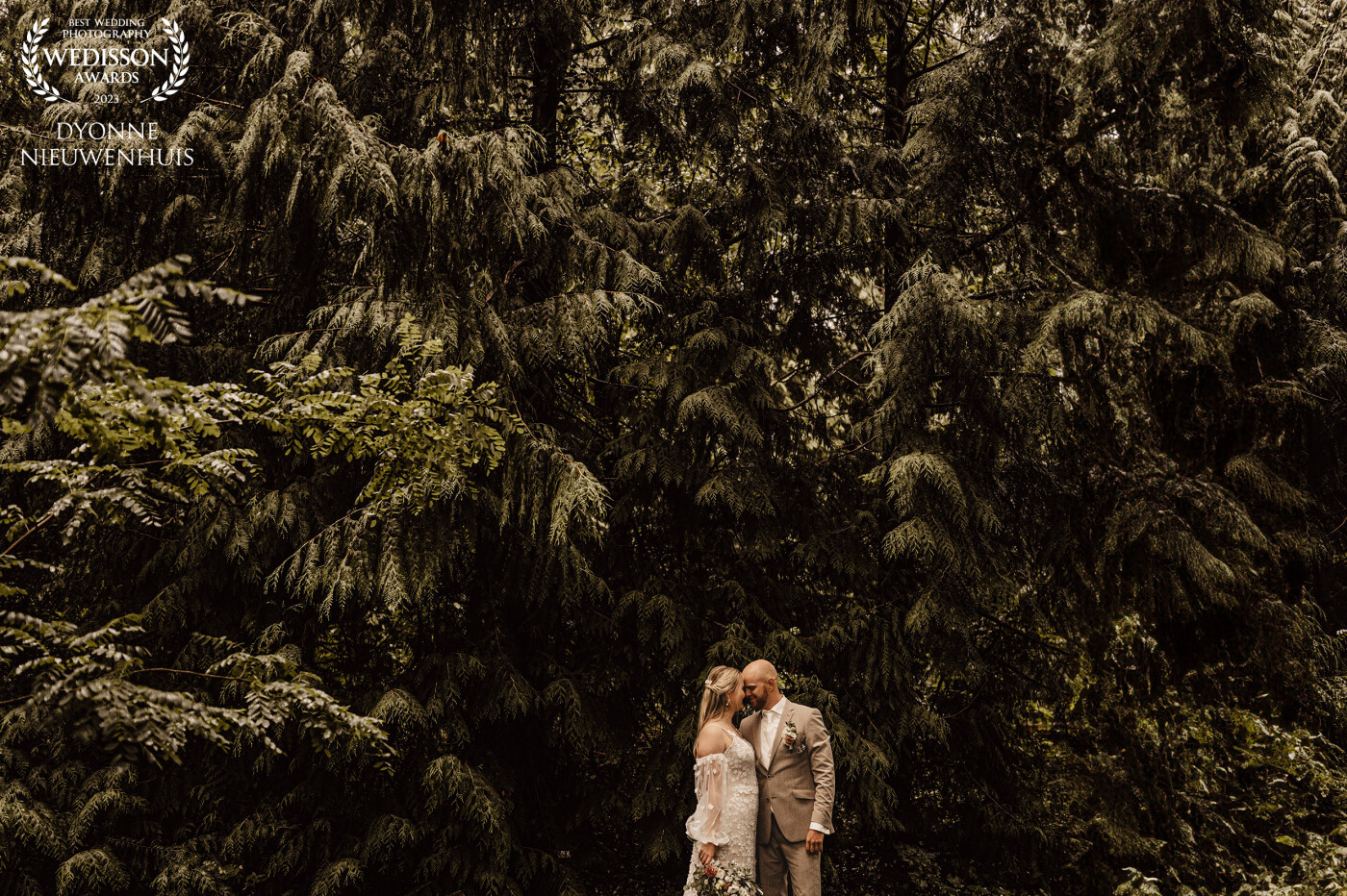 After a whole day of rain, finally wedding photos outside in the woods after dinner. Location Schovenhorst Estate