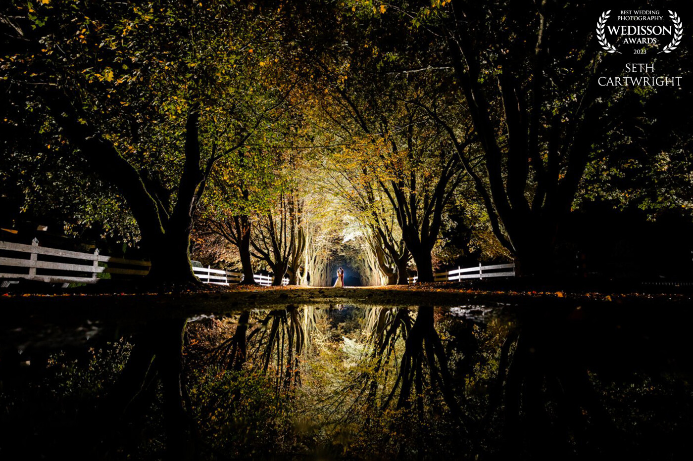 We didn't get a lot of time to take photos with the couple during the day because of the rain, but later at night it stopped raining, and I really wanted to capture both the trees and the reflection from the puddles now available. And this was the result. I set it up and this was the first photo I took!