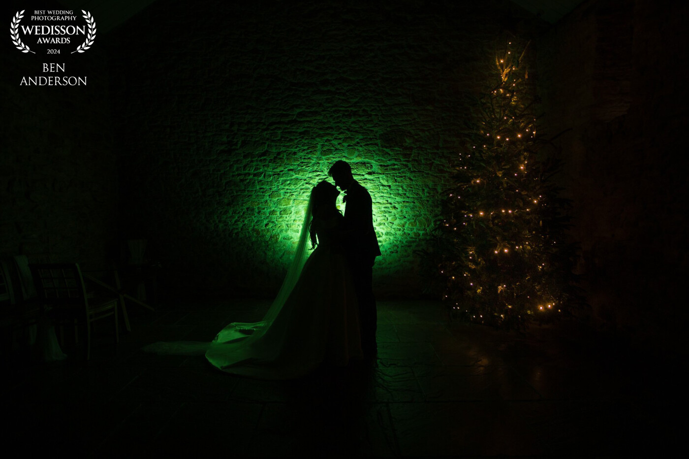 With Storm Gerrit outside I needed to put my creative hat on.  The ceremony barn was in total darkness in the evening apart from the tree lights.  Their colour scheme was with a hint of green, so there was only one thing I was going to do.