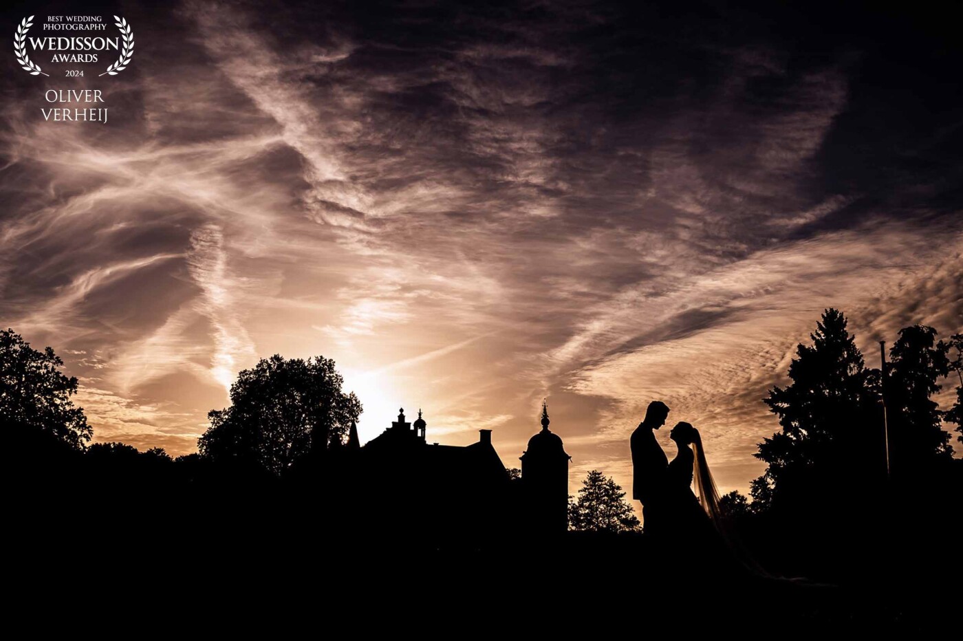 Twilight is one of the most magical moments of the day. This bride and groom lived their own fairytale marriage in a castle. It's stunning contours you can see in the silhouette of the background.