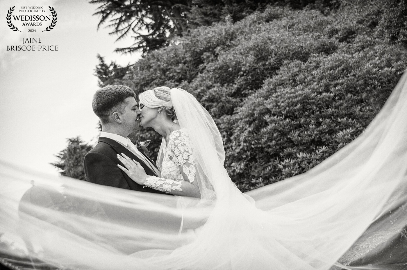 I LOVE veils... the longer the better... and this was so for Alan and Charlotte at Hawkstone Hall, drawing in to the detail on her dress and their kiss.