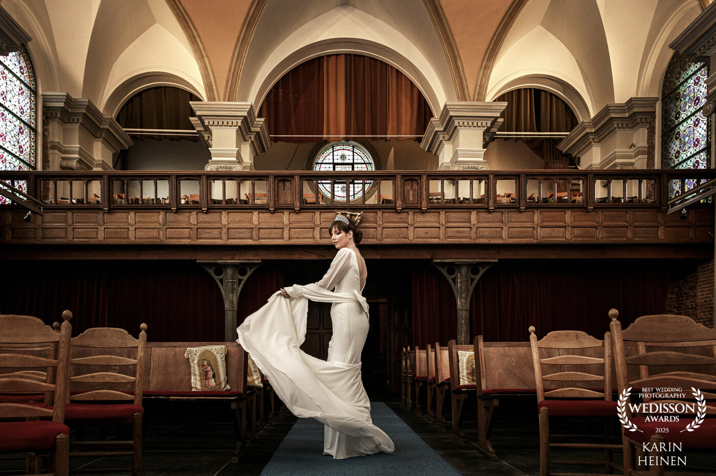 A special venue and a special lady. Actually this picture is just a breath taking present due to heavy showers outside. We fled into this remarkable building and the bride and I started playing around in a light 'n easy kind of photographic tacker play. Glad this made it to a Wedisson Award! Proud as always.