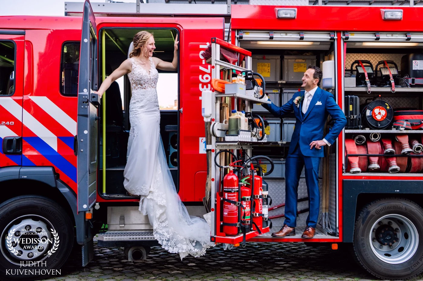 Both bride and groom serve with the fire department — so of course, the truck had to be part of the story!