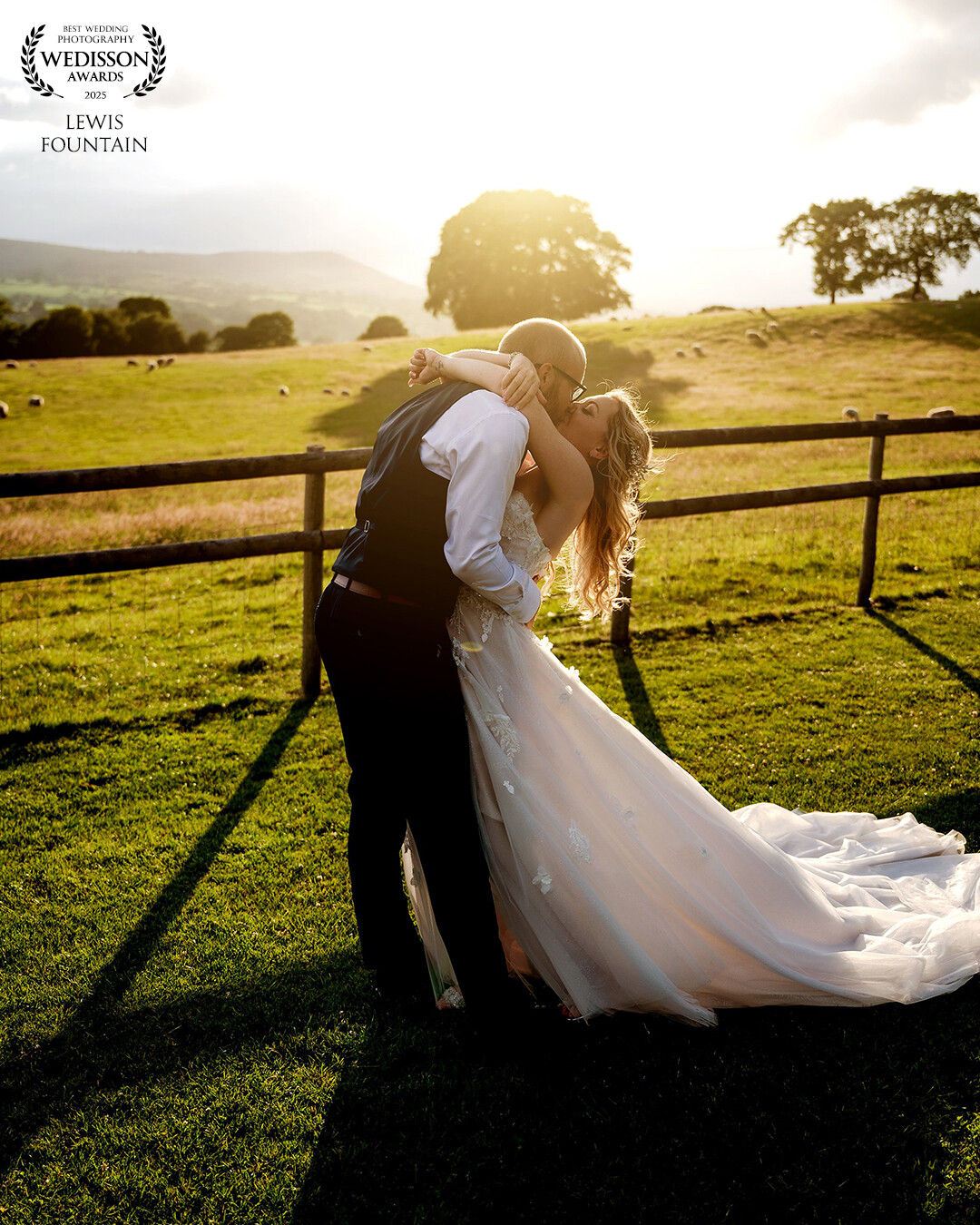 Golden hour had just started to hit at Heaton House Farm, and the light across the fields was incredible. We stepped away from the guests for a few minutes, found a quiet spot overlooking the sheep-dotted hills, and I asked Vic to run towards dan and throw her arms around him for a kiss and this was the result! It came together beautifully.