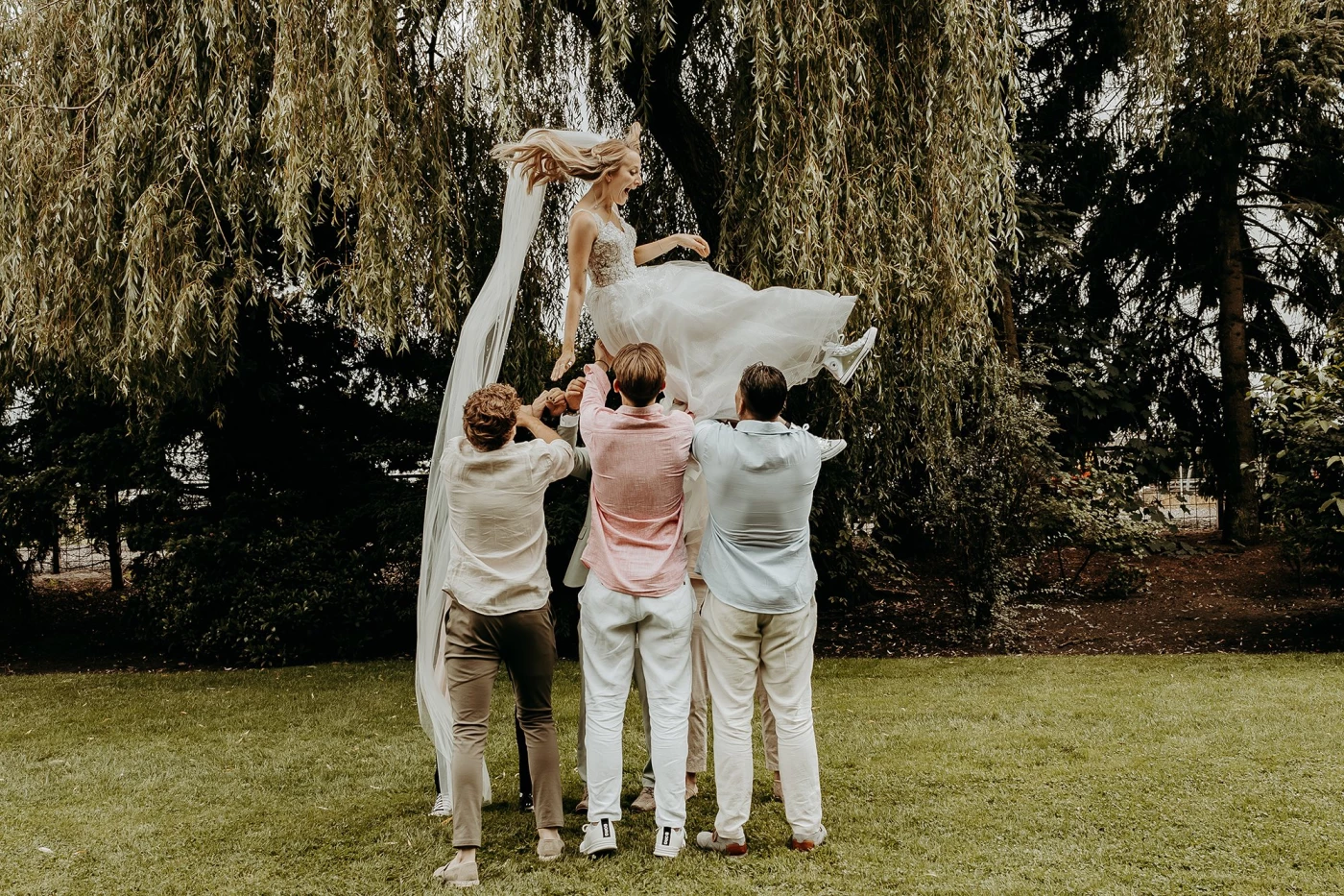 When several guests asked if there would be a bouquet toss. I joked and said: 'Let toss the bride.'...